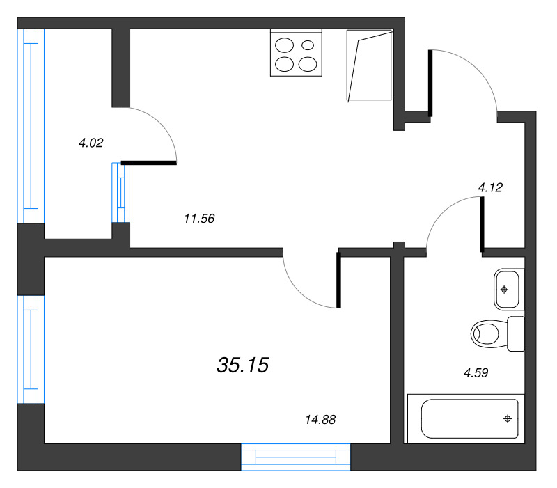 1-комнатная квартира, 35.15 м² в ЖК "Чёрная речка" - планировка, фото №1