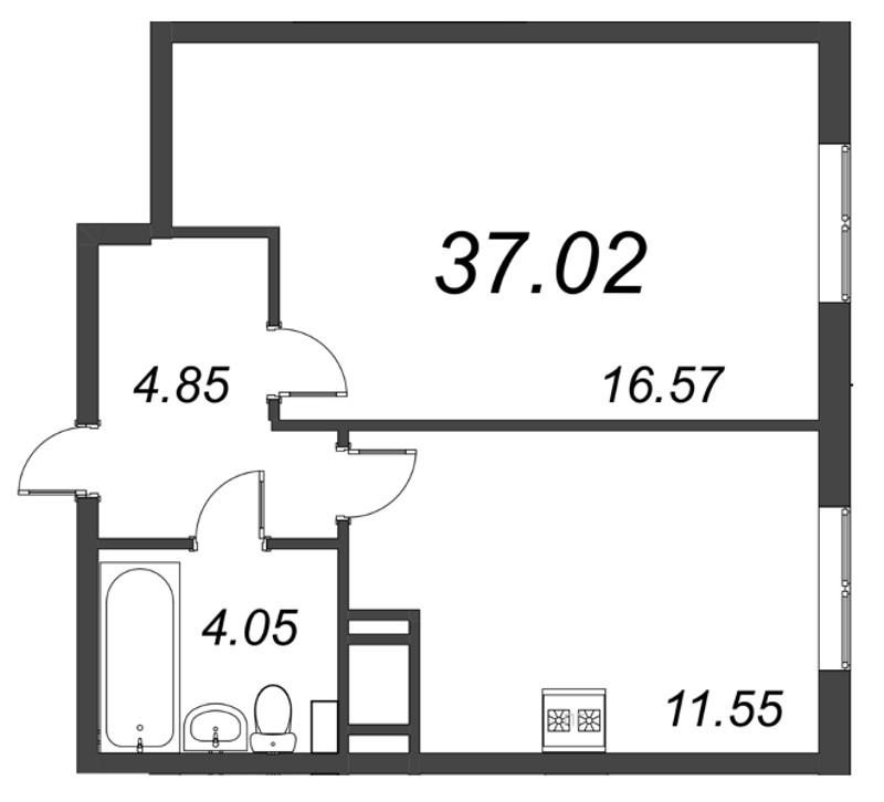 1-комнатная квартира, 37.02 м² в ЖК "Ювента" - планировка, фото №1