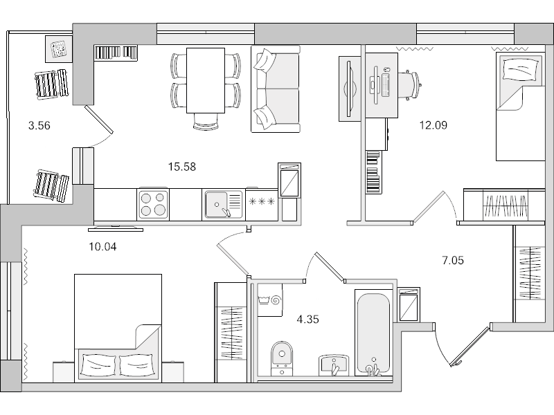3-комнатная (Евро) квартира, 49.11 м² в ЖК "Parkolovo" - планировка, фото №1