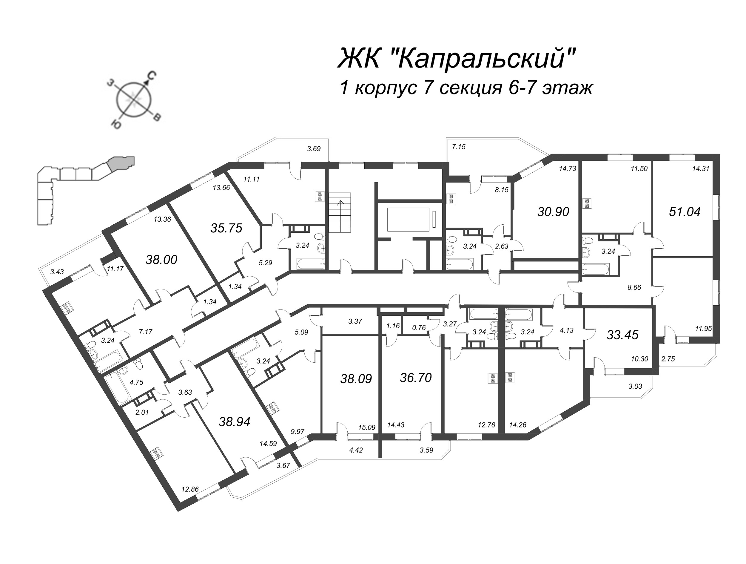 1-комнатная квартира, 33.45 м² в ЖК "Капральский" - планировка этажа