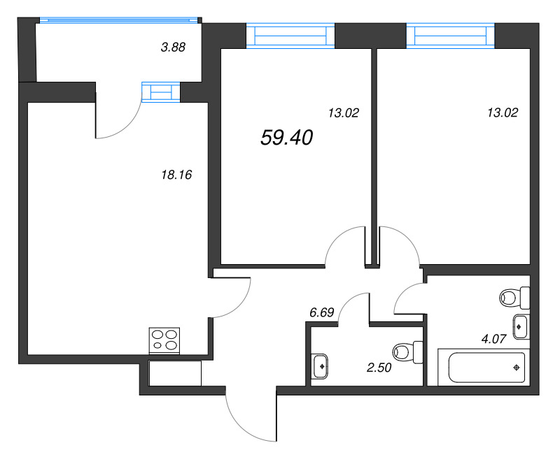 3-комнатная (Евро) квартира, 59.4 м² в ЖК "Искра-Сити" - планировка, фото №1