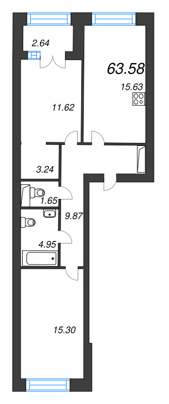 2-комнатная квартира, 63.58 м² в ЖК "Наука" - планировка, фото №1