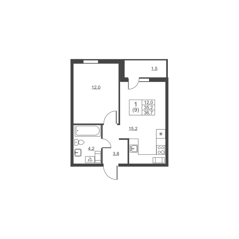 2-комнатная (Евро) квартира, 36.7 м² в ЖК "Ермак" - планировка, фото №1