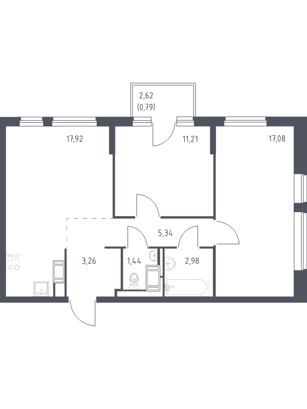 3-комнатная (Евро) квартира, 60.02 м² - планировка, фото №1