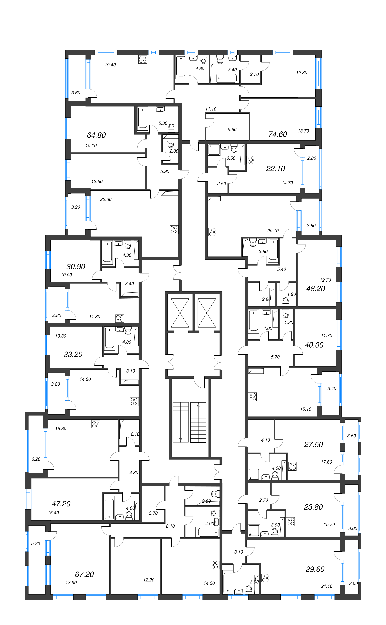 3-комнатная (Евро) квартира, 74.6 м² в ЖК "Тайм Сквер" - планировка этажа