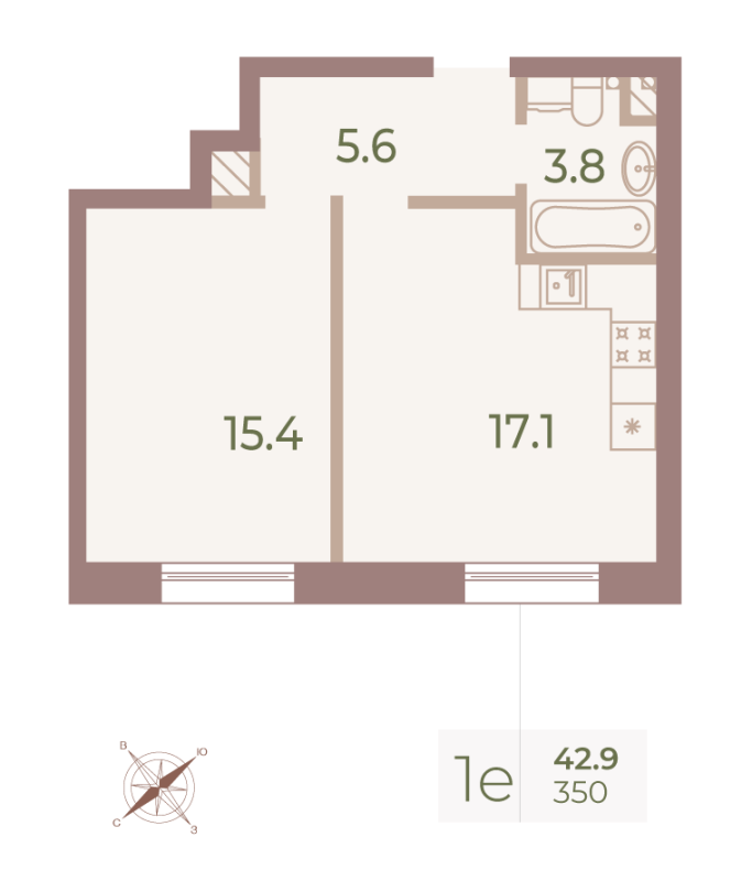 2-комнатная (Евро) квартира, 42.8 м² в ЖК "Neva Haus" - планировка, фото №1