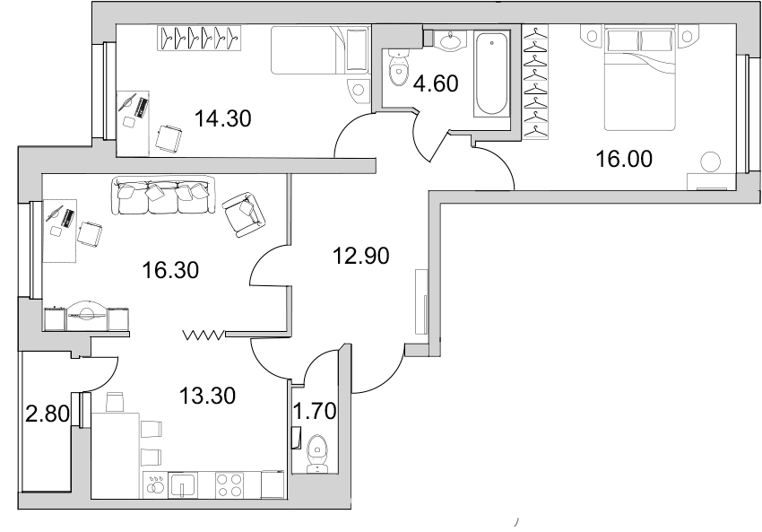 3-комнатная квартира, 81.7 м² в ЖК "Поэт" - планировка, фото №1