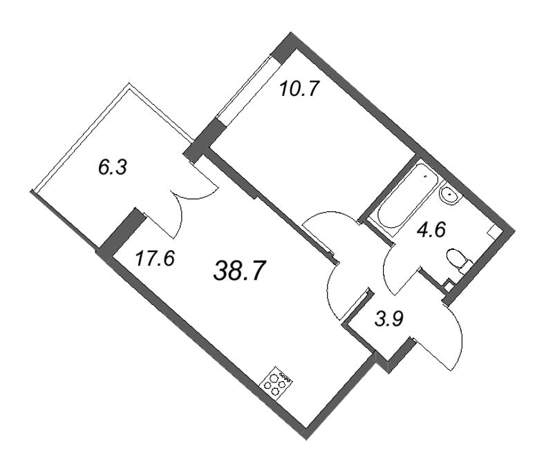 2-комнатная (Евро) квартира, 38.7 м² в ЖК "Пулковский дом" - планировка, фото №1