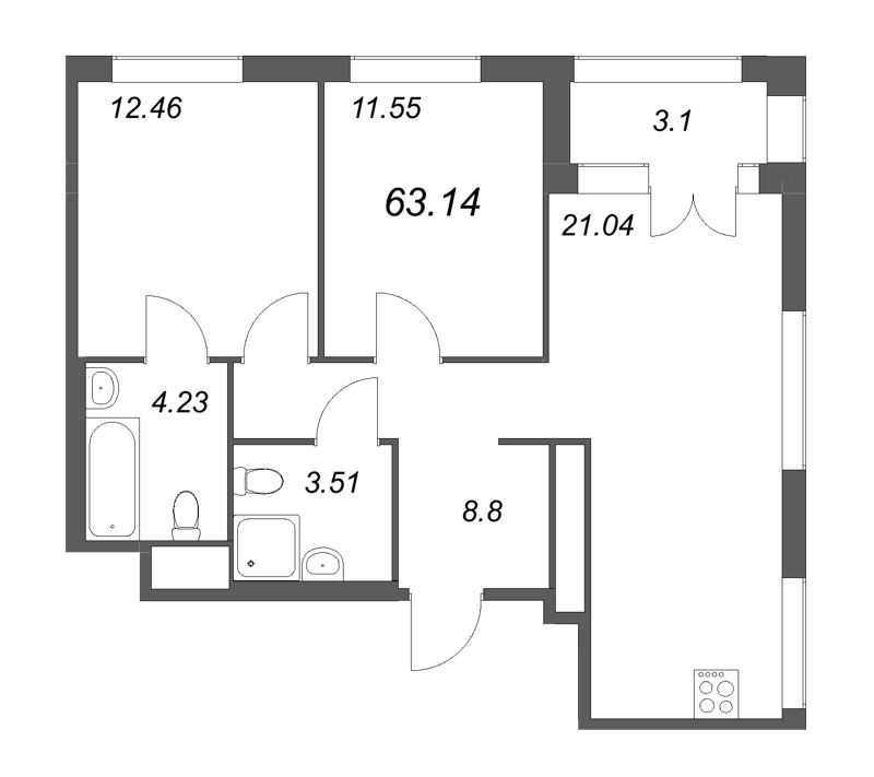 3-комнатная (Евро) квартира, 63.14 м² в ЖК "GloraX Василеостровский" - планировка, фото №1
