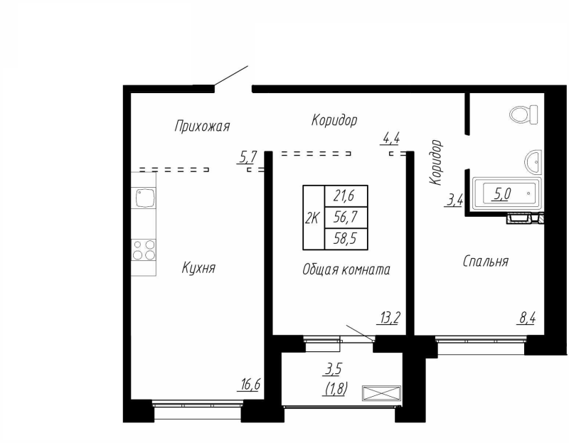 3-комнатная (Евро) квартира, 58.5 м² в ЖК "Сибирь" - планировка, фото №1