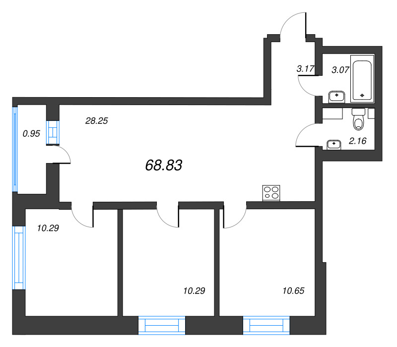 4-комнатная (Евро) квартира, 68.83 м² в ЖК "Эко Квартал Гармония" - планировка, фото №1