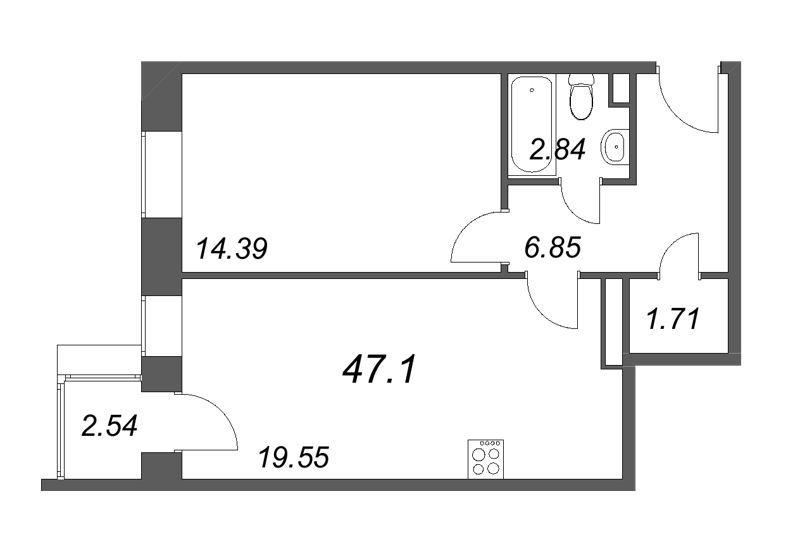 2-комнатная (Евро) квартира, 47.1 м² в ЖК "VEREN VILLAGE стрельна" - планировка, фото №1