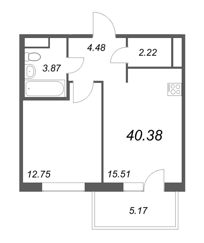 2-комнатная (Евро) квартира, 40.48 м² в ЖК "IQ Гатчина" - планировка, фото №1