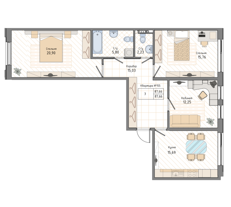 3-комнатная квартира, 88 м² в ЖК "Мануфактура James Beck" - планировка, фото №1