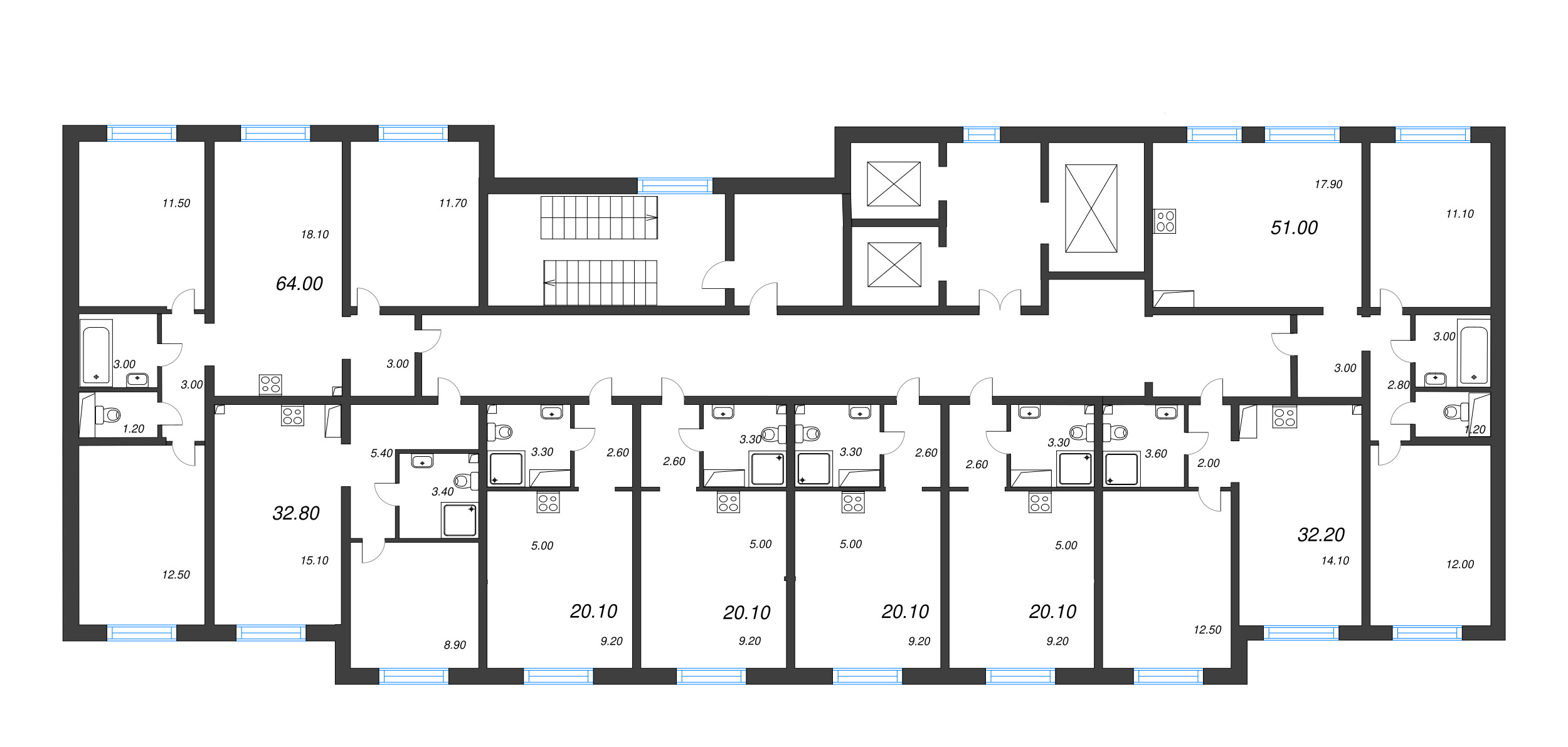3-комнатная (Евро) квартира, 51 м² в ЖК "Цветной город" - планировка этажа