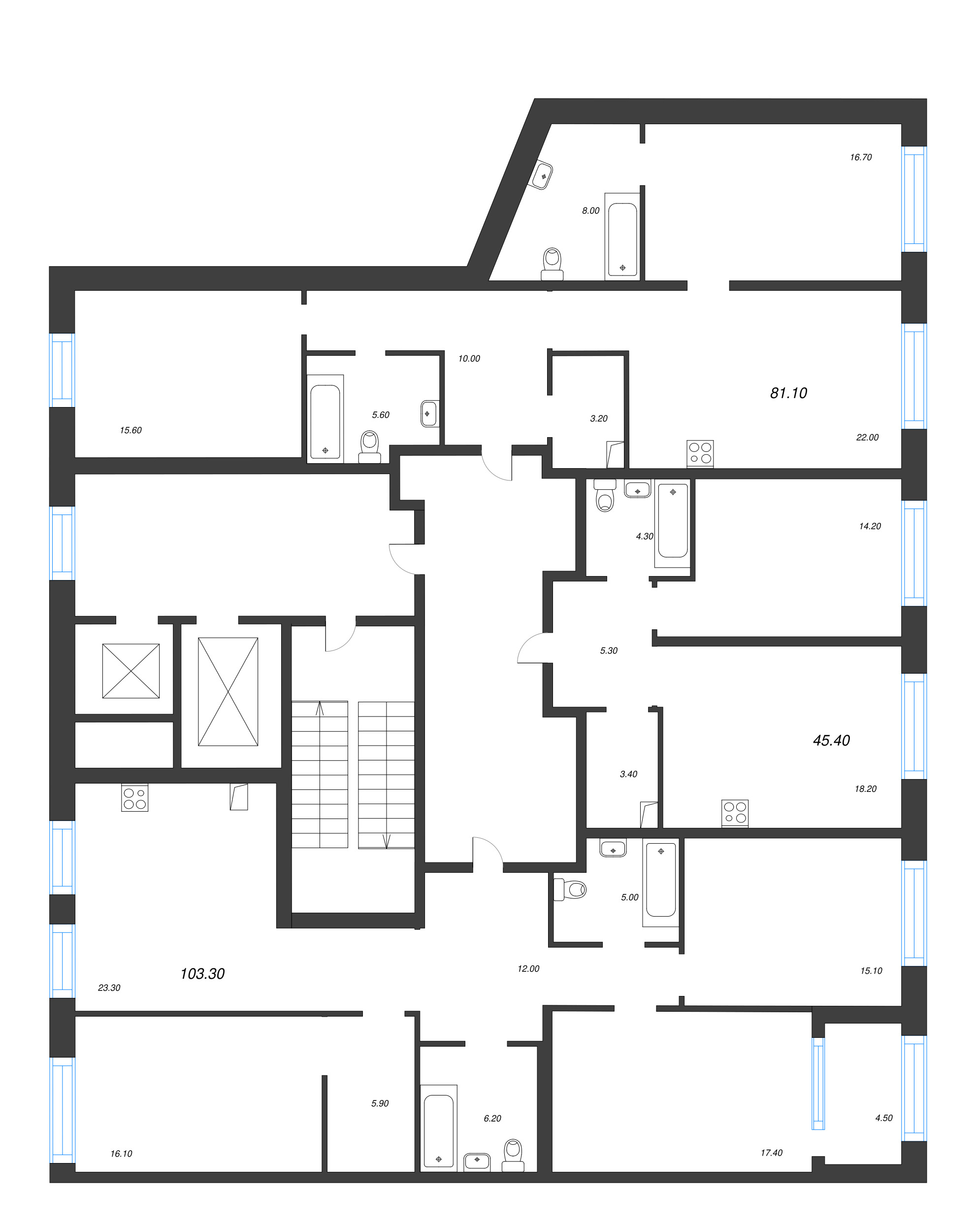 2-комнатная (Евро) квартира, 45.4 м² в ЖК "ЛДМ" - планировка этажа