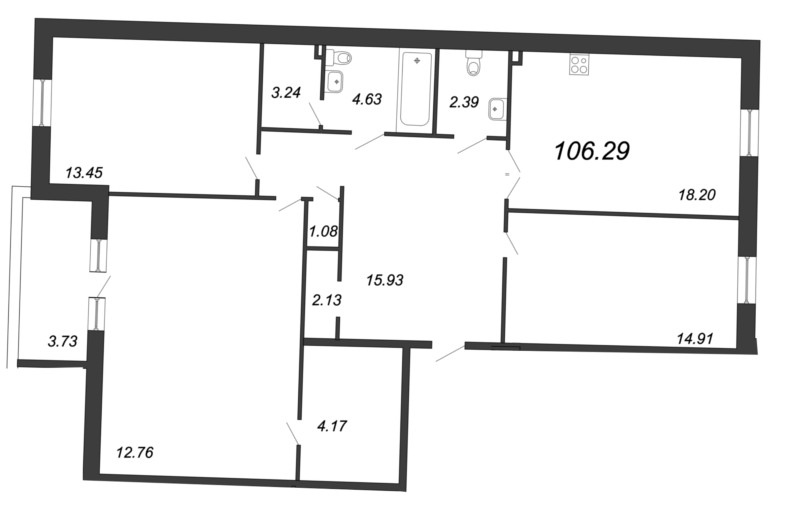 3-комнатная квартира, 106.29 м² - планировка, фото №1