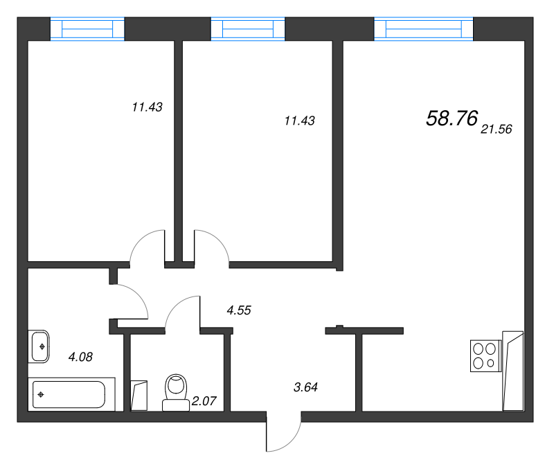 3-комнатная (Евро) квартира, 58.76 м² в ЖК "Черная речка, 41" - планировка, фото №1