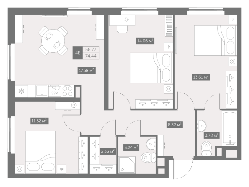 4-комнатная (Евро) квартира, 74.44 м² в ЖК "Zoom на Неве" - планировка, фото №1