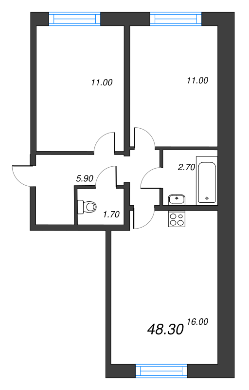 3-комнатная (Евро) квартира, 48.3 м² - планировка, фото №1