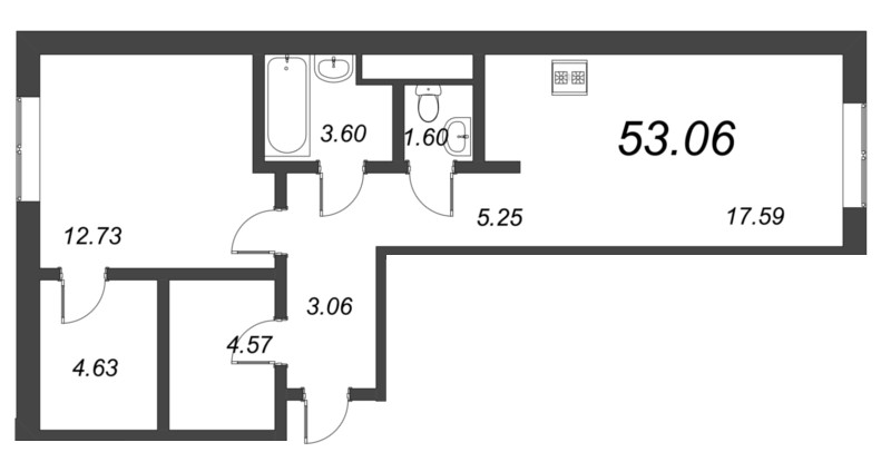 2-комнатная (Евро) квартира, 54.8 м² в ЖК "Малоохтинский, 68" - планировка, фото №1