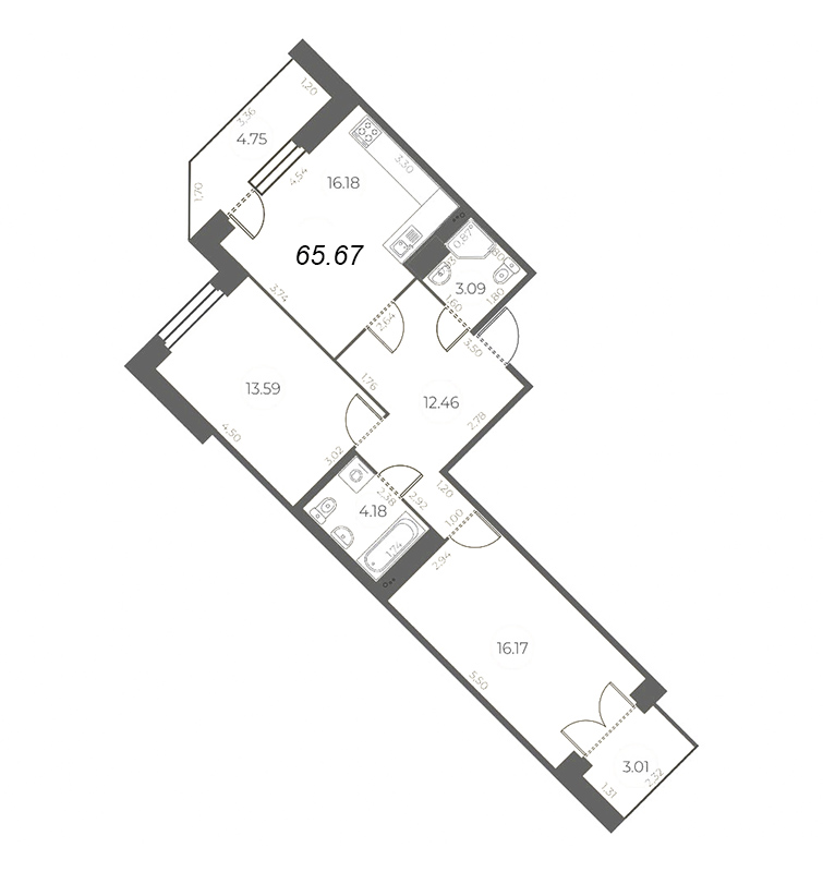 3-комнатная (Евро) квартира, 69.54 м² в ЖК "Огни Залива" - планировка, фото №1