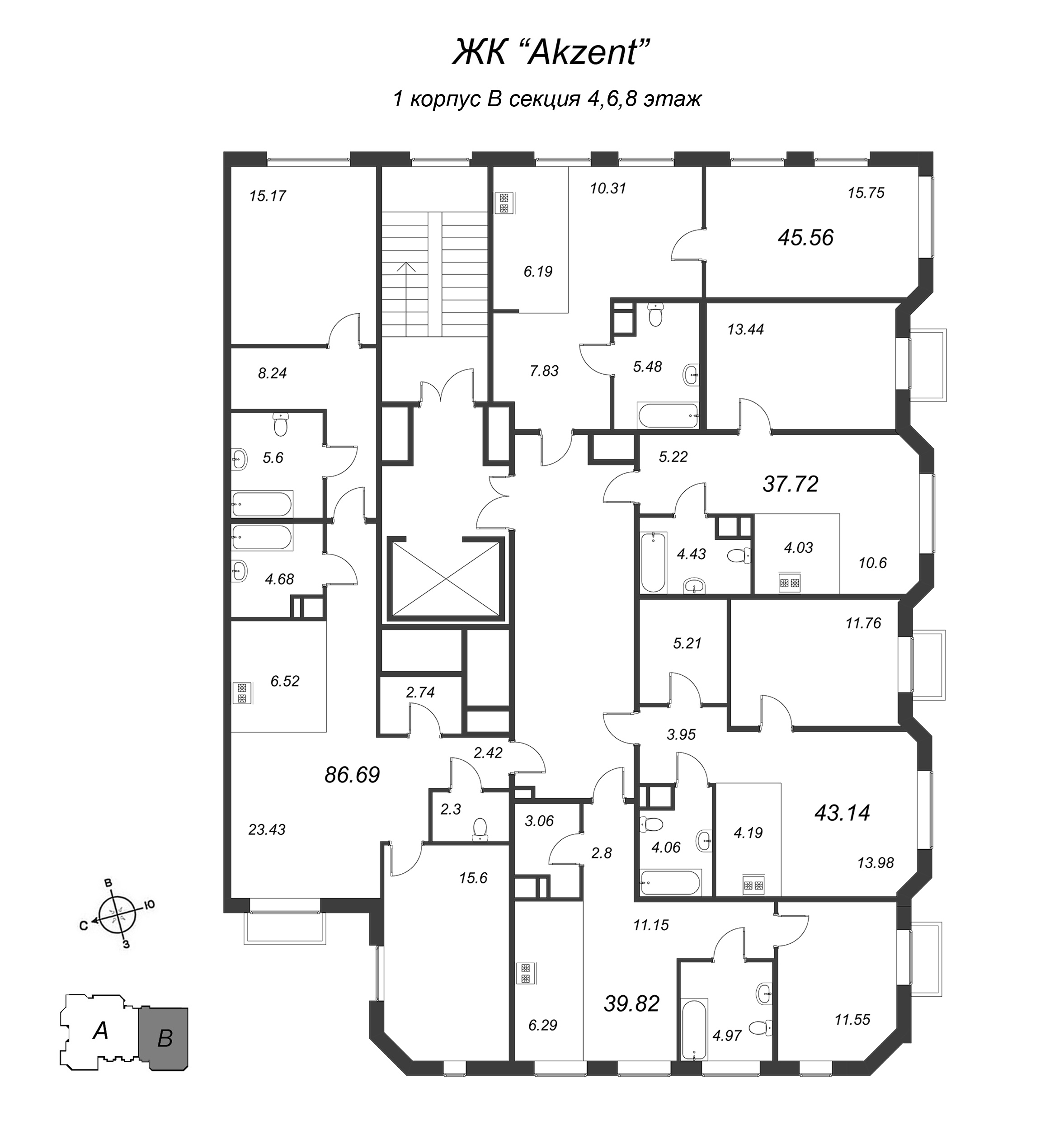 2-комнатная (Евро) квартира, 45.84 м² в ЖК "Akzent" - планировка этажа