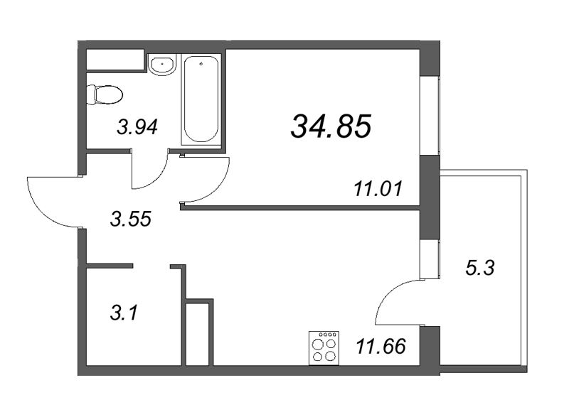 1-комнатная квартира, 34.95 м² в ЖК "IQ Гатчина" - планировка, фото №1