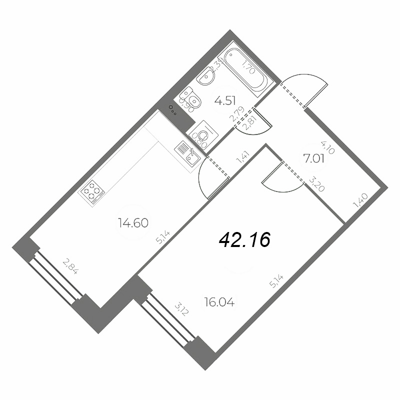 1-комнатная квартира, 42.16 м² в ЖК "Огни Залива" - планировка, фото №1