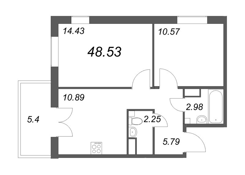 2-комнатная квартира, 48.73 м² - планировка, фото №1