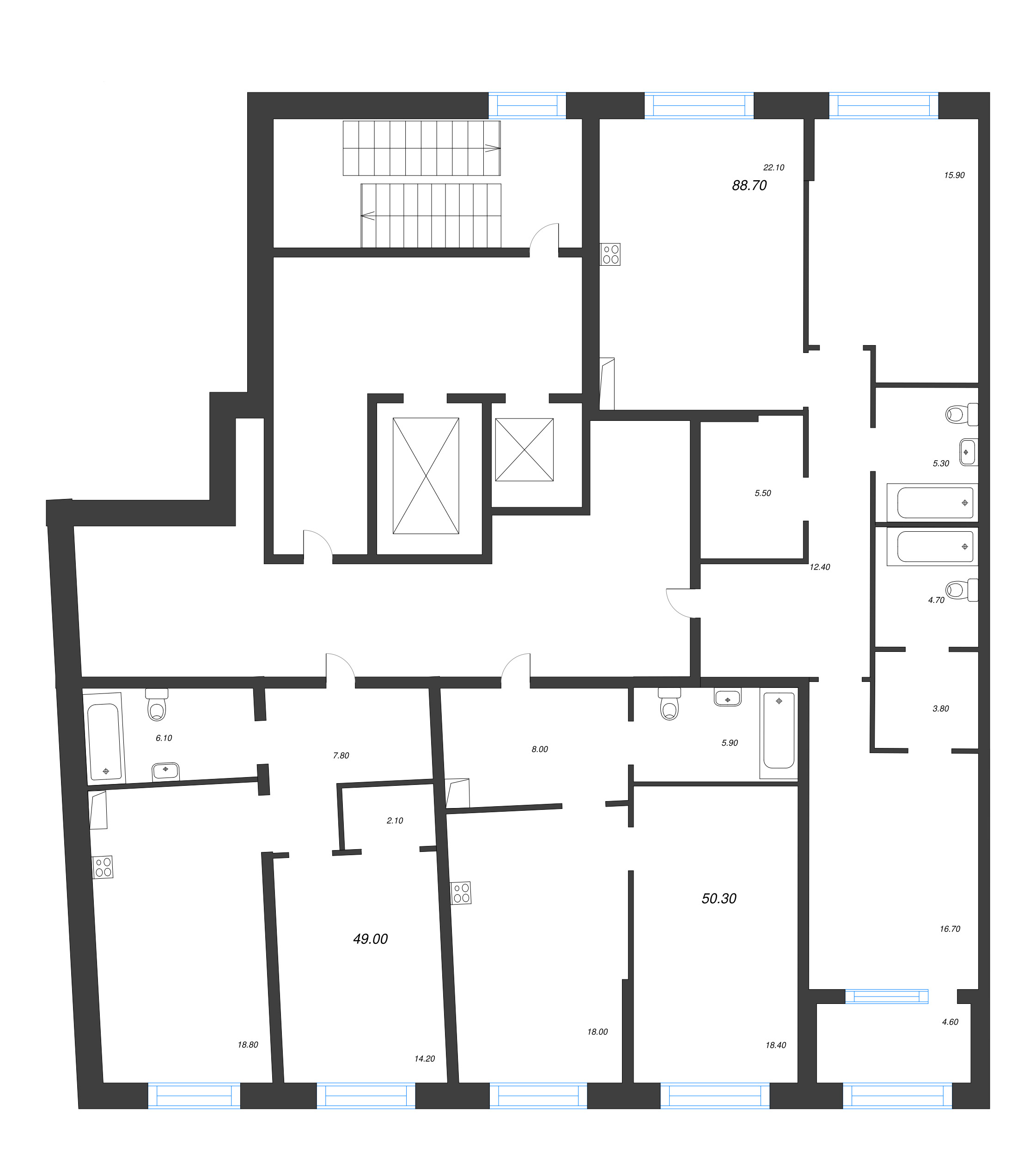 2-комнатная (Евро) квартира, 50.3 м² в ЖК "ЛДМ" - планировка этажа