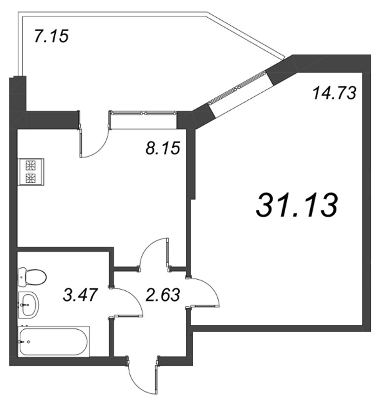 1-комнатная квартира, 31.13 м² в ЖК "Капральский" - планировка, фото №1