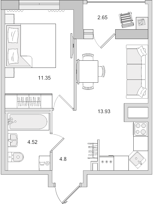2-комнатная (Евро) квартира, 34.6 м² в ЖК "Город Первых" - планировка, фото №1