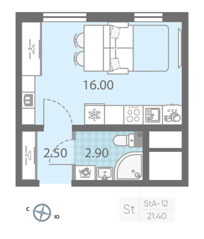 Квартира-студия, 21.4 м² - планировка, фото №1