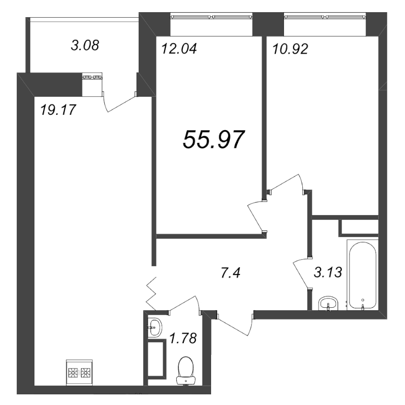 3-комнатная (Евро) квартира, 55.97 м² в ЖК "Уютный" - планировка, фото №1