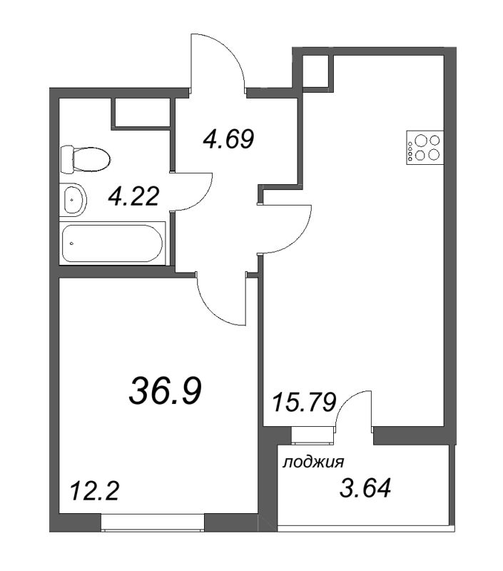 1-комнатная квартира, 36.9 м² - планировка, фото №1