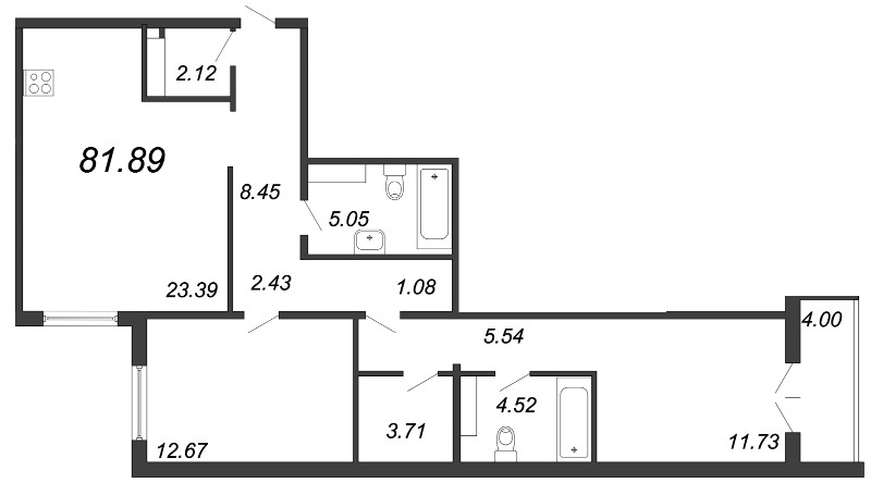 3-комнатная (Евро) квартира, 81.5 м² в ЖК "Новое Горелово" - планировка, фото №1