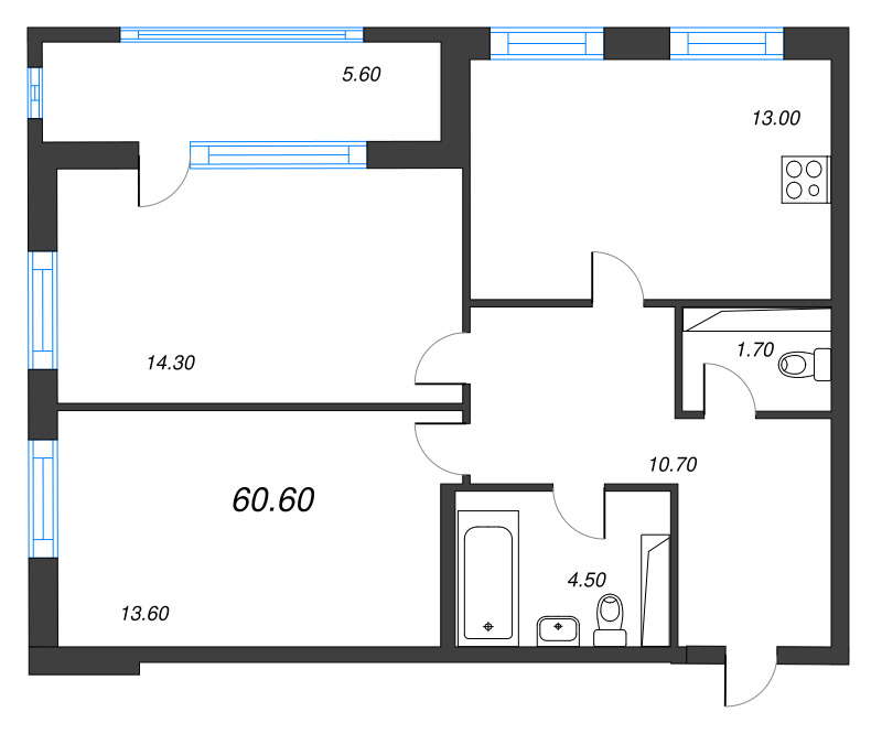 2-комнатная квартира, 60.6 м² в ЖК "Тайм Сквер" - планировка, фото №1