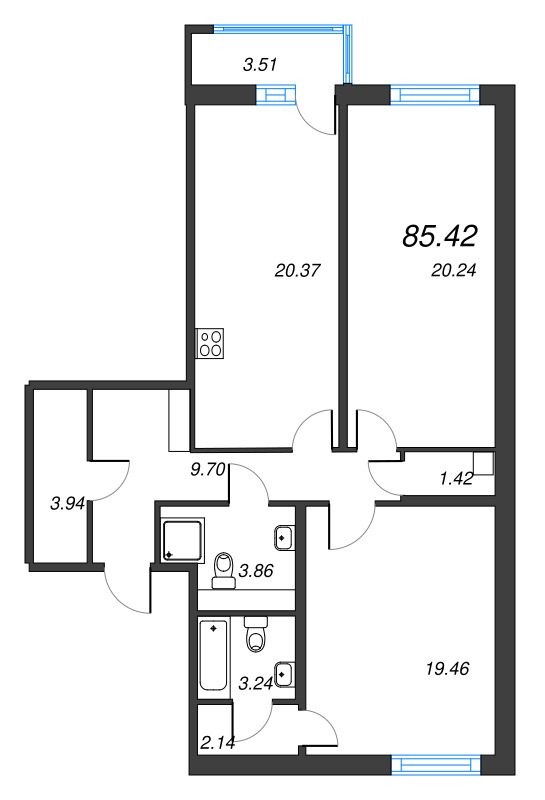 3-комнатная (Евро) квартира, 84.37 м² в ЖК "OKLA" - планировка, фото №1