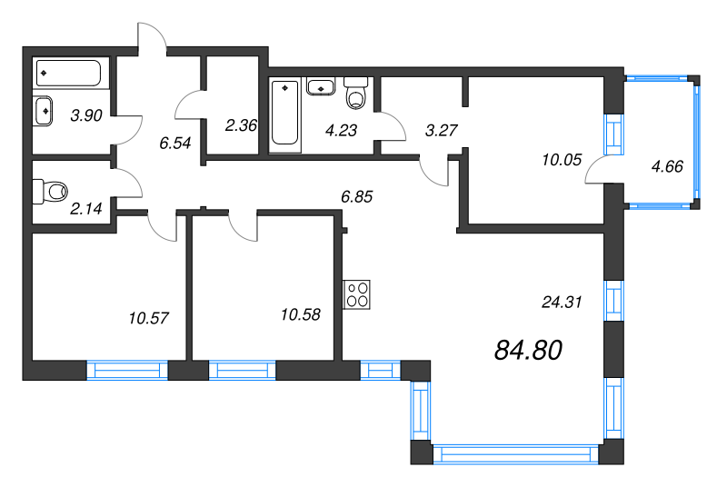 4-комнатная (Евро) квартира, 84.8 м² в ЖК "Черная речка, 41" - планировка, фото №1
