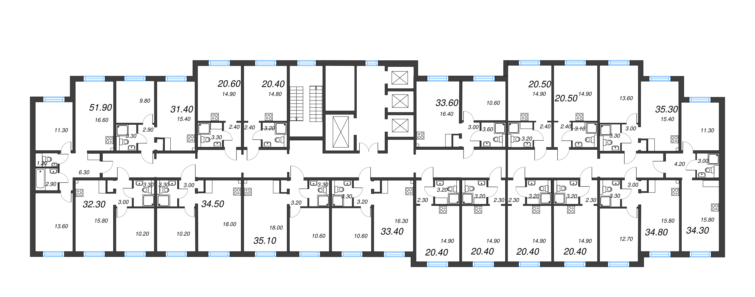 3-комнатная (Евро) квартира, 51.9 м² - планировка этажа