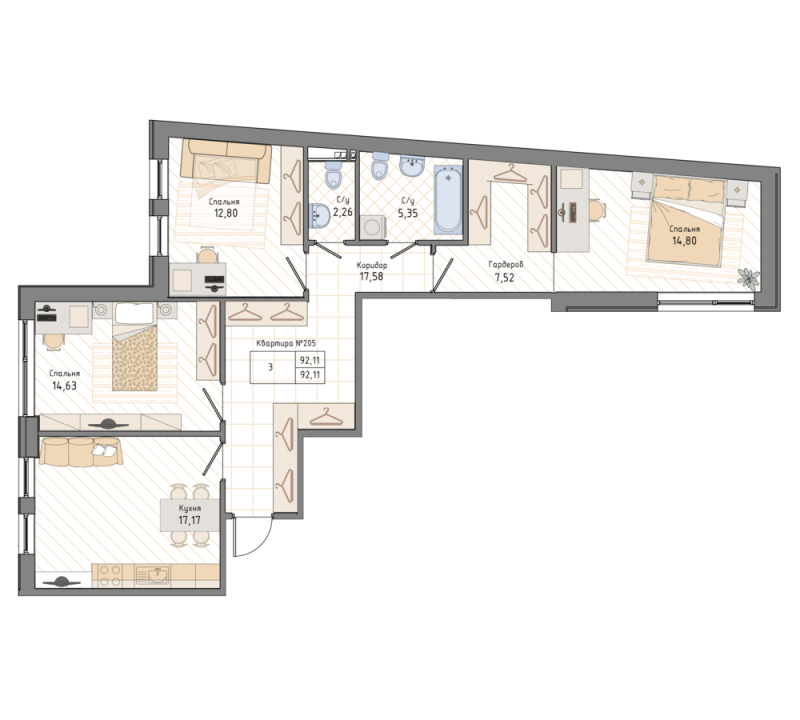 3-комнатная квартира, 92.9 м² в ЖК "Мануфактура James Beck" - планировка, фото №1