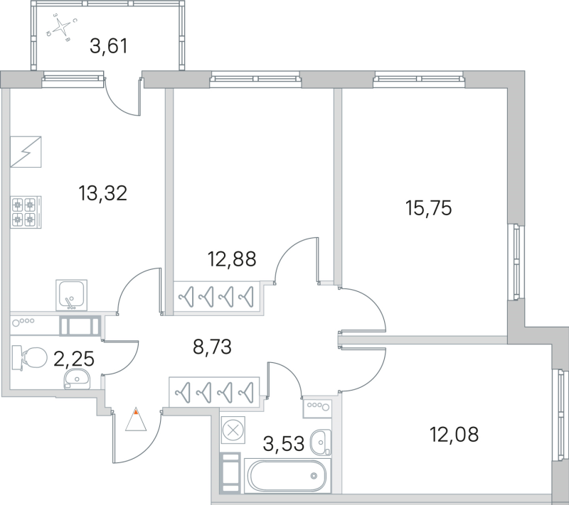 3-комнатная квартира, 68.54 м² в ЖК "ЮгТаун" - планировка, фото №1