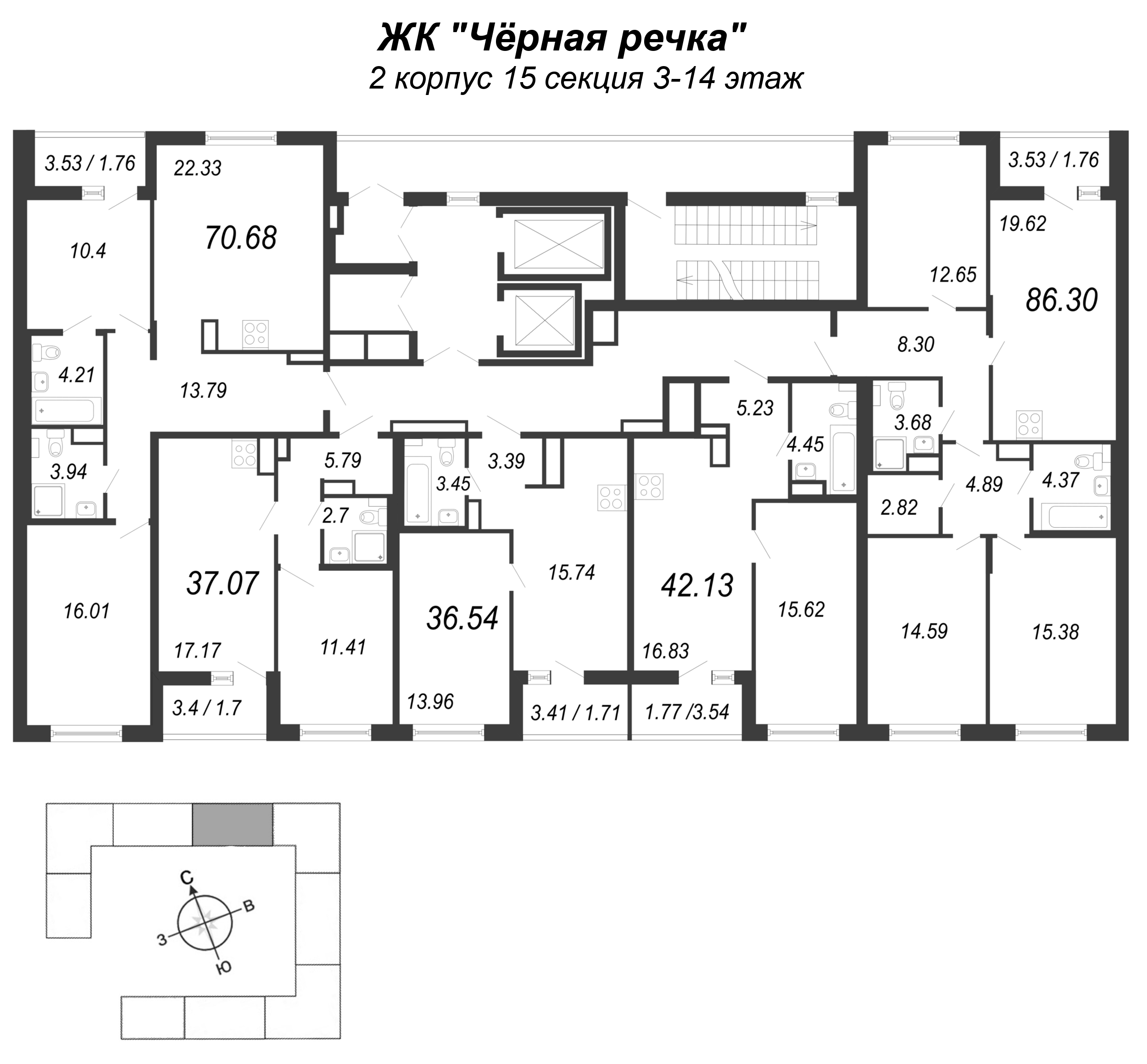 2-комнатная (Евро) квартира, 37.07 м² в ЖК "Чёрная речка" - планировка этажа