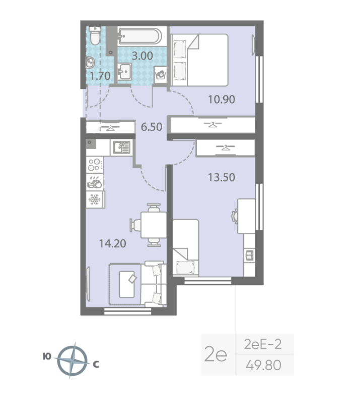 2-комнатная квартира, 50.1 м² - планировка, фото №1