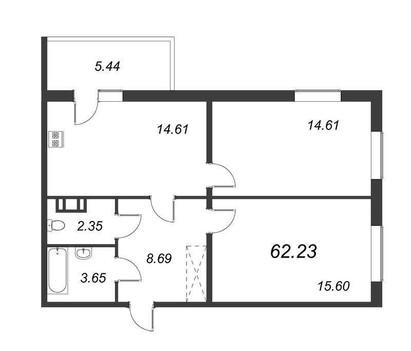 2-комнатная квартира, 59.51 м² - планировка, фото №1