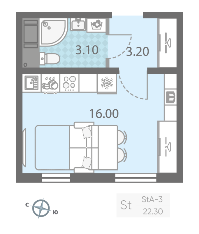 Квартира-студия, 22.3 м² - планировка, фото №1