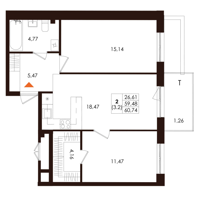 3-комнатная (Евро) квартира, 60.74 м² в ЖК "Лисино" - планировка, фото №1