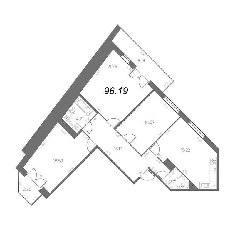 4-комнатная (Евро) квартира, 99.89 м² в ЖК "Огни Залива" - планировка, фото №1