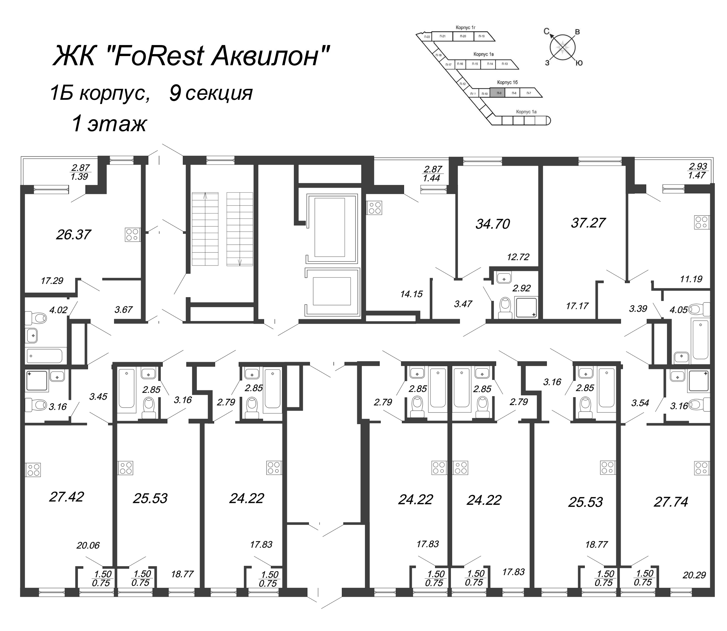 Квартира-студия, 23.8 м² в ЖК "FoRest Аквилон" - планировка этажа